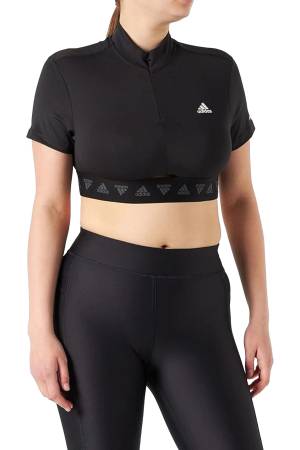 Adidas Yarım Fermuarlı Kadın Crop T-Shirt - HE9399 Siyah - Adidas