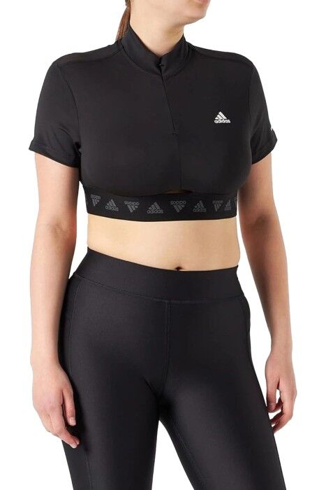 Adidas Yarım Fermuarlı Kadın Crop T-Shirt - HE9399 Siyah - 1