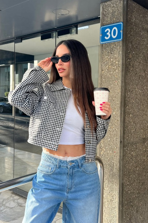 Tally Weijl Kadın Crop Ceket - SJAPESICHY Siyah/Beyaz - Tally Weijl